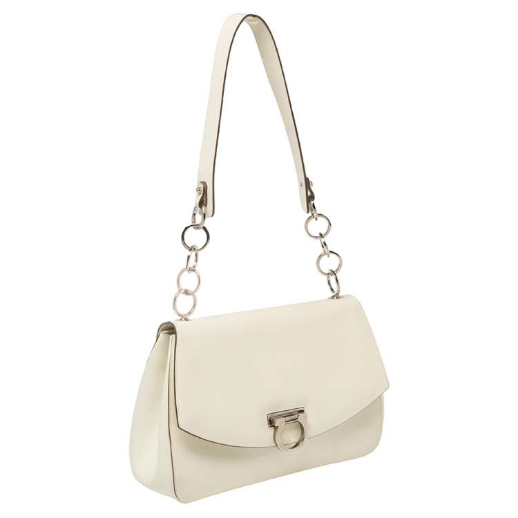 Pre Owned Salvatore Ferragamo White Leather Flap Shoulder Bag
