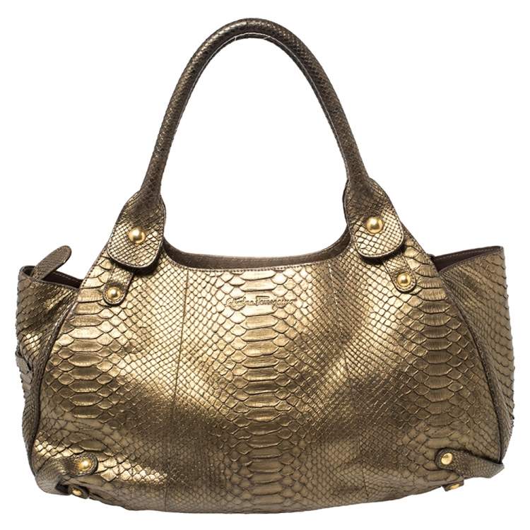 Pre Owned Salvatore Ferragamo Gold Python Shoulder Bag