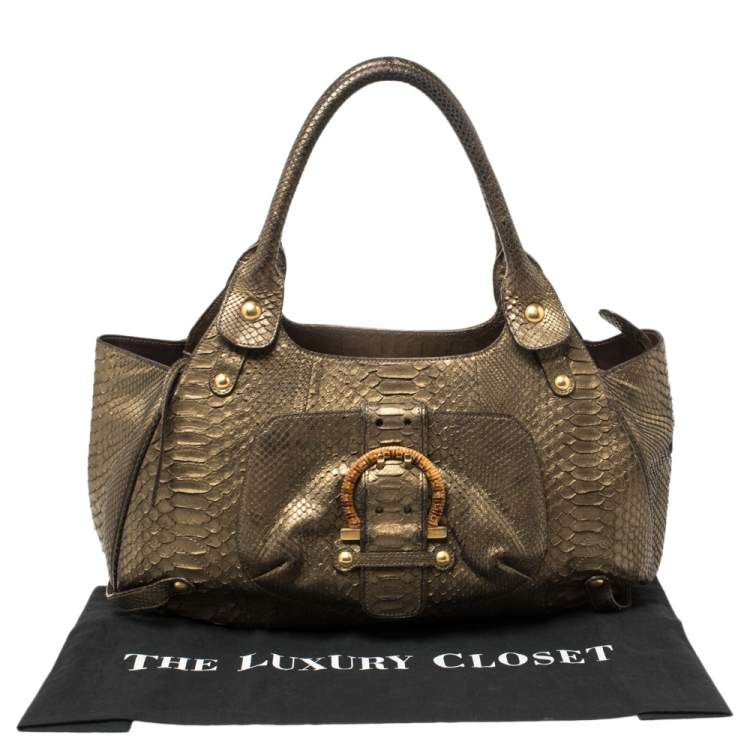 Pre Owned Salvatore Ferragamo Gold Python Shoulder Bag