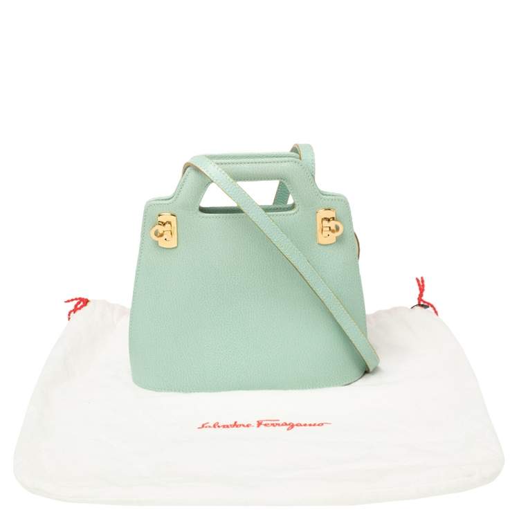 Pre Owned Salvatore Ferragamo Mint Green Leather Double Gancini Lock Tote