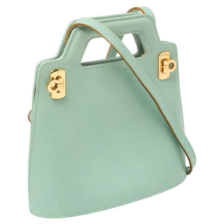 Pre Owned Salvatore Ferragamo Mint Green Leather Double Gancini Lock Tote