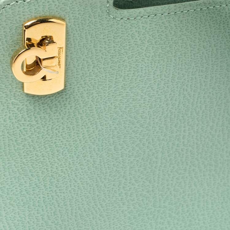 Pre Owned Salvatore Ferragamo Mint Green Leather Double Gancini Lock Tote