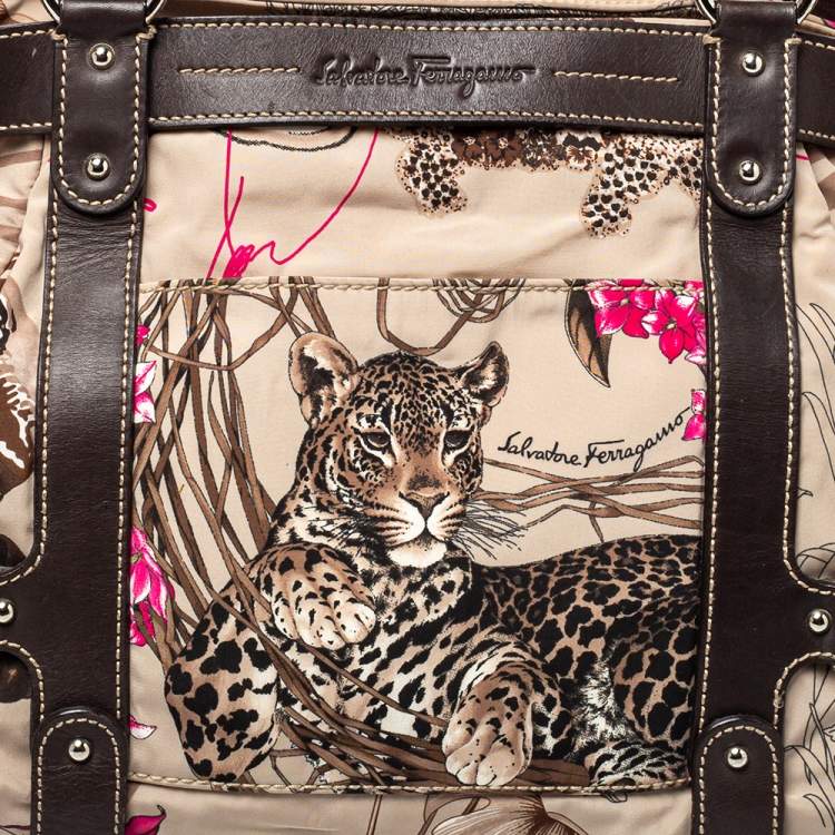 Pre Owned Salvatore Ferragamo Brown Fabric and Leather Fiera Print Shoulder Bag