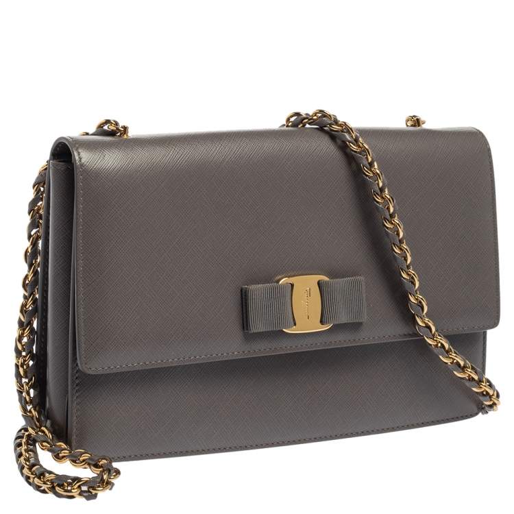 Pre Owned Salvatore Ferragamo Grey Saffiano Leather Ginny Shoulder Bag
