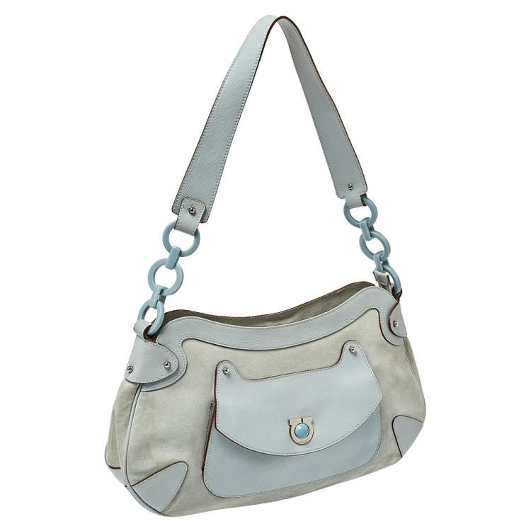 Pre Owned Salvatore Ferragamo Blue Leather and Suede Shoulder Bag