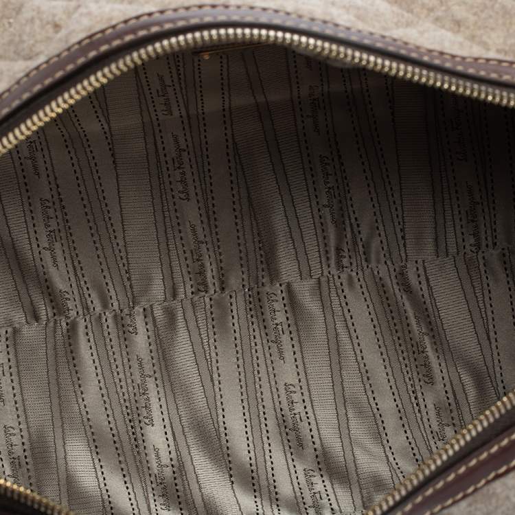 Pre Owned Salvatore Ferragamo Brown/Grey Quilted Wool and Leather Boston Duffle Bag