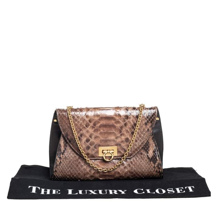 Pre Owned Salvatore Ferragamo Beige/Brown Python and Leather Crossbody Bag