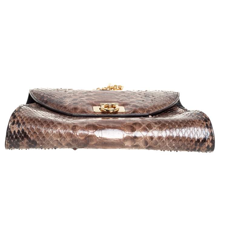 Pre Owned Salvatore Ferragamo Beige/Brown Python and Leather Crossbody Bag