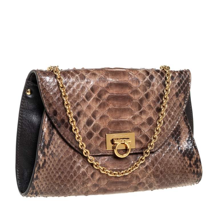 Pre Owned Salvatore Ferragamo Beige/Brown Python and Leather Crossbody Bag