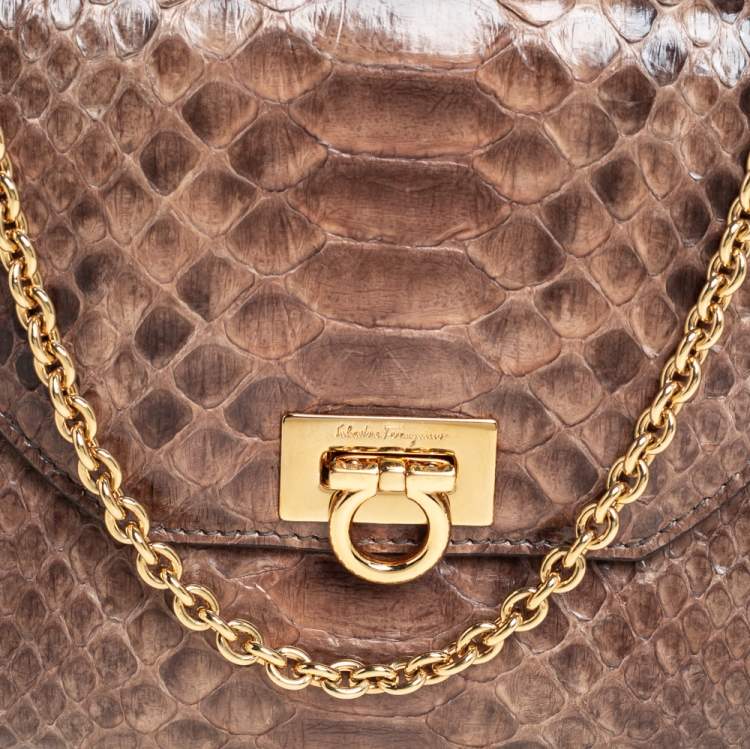 Pre Owned Salvatore Ferragamo Beige/Brown Python and Leather Crossbody Bag