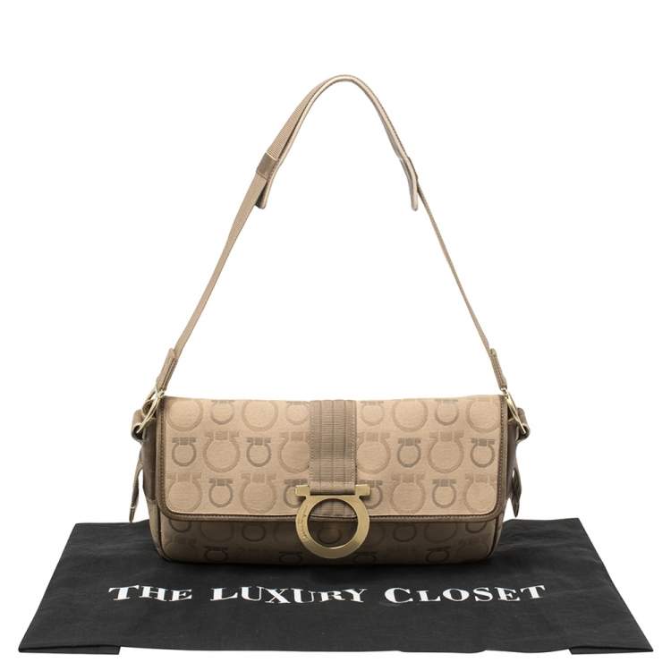 Pre Owned Salvatore Ferragamo Beige Gancini Canvas Shoudler Bag