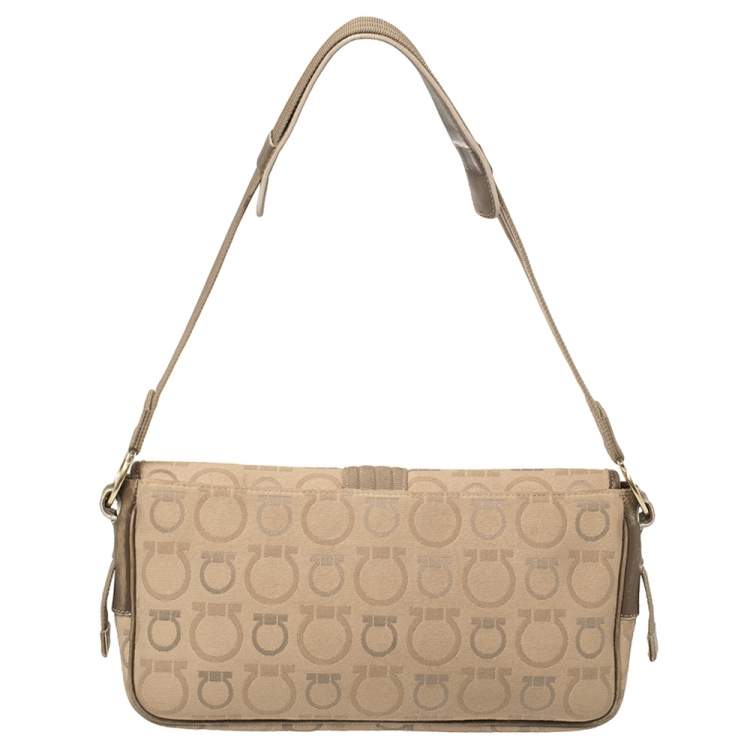 Pre Owned Salvatore Ferragamo Beige Gancini Canvas Shoudler Bag