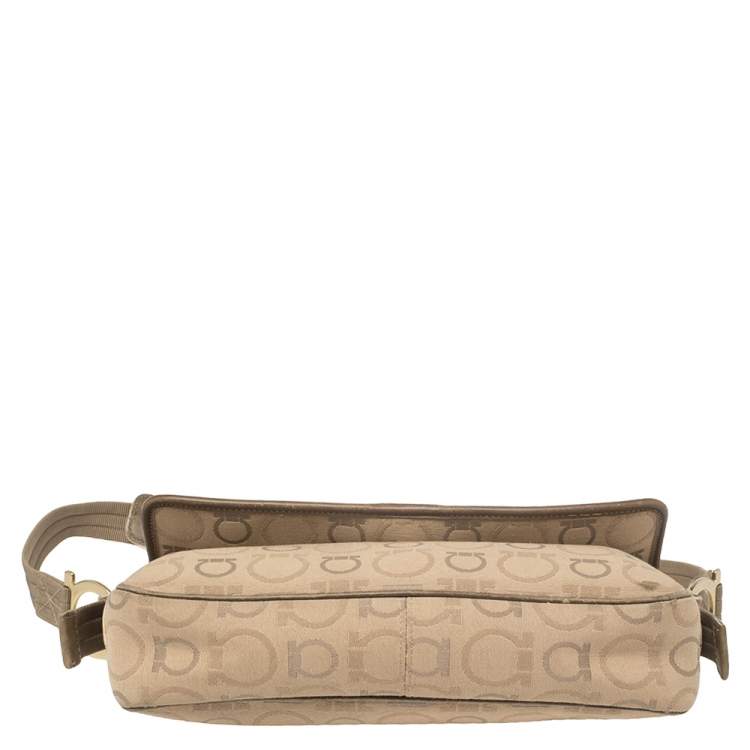 Pre Owned Salvatore Ferragamo Beige Gancini Canvas Shoudler Bag