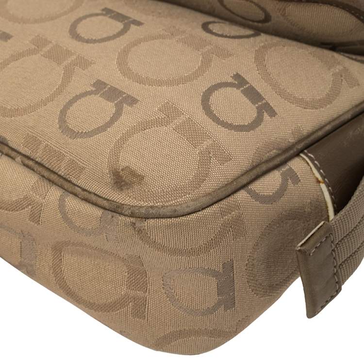 Pre Owned Salvatore Ferragamo Beige Gancini Canvas Shoudler Bag