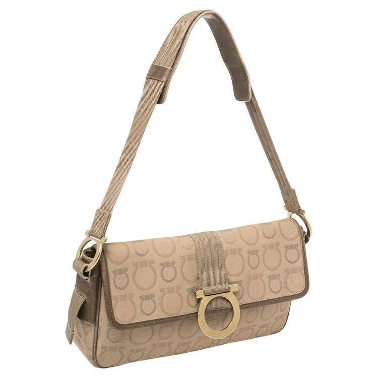 Pre Owned Salvatore Ferragamo Beige Gancini Canvas Shoudler Bag