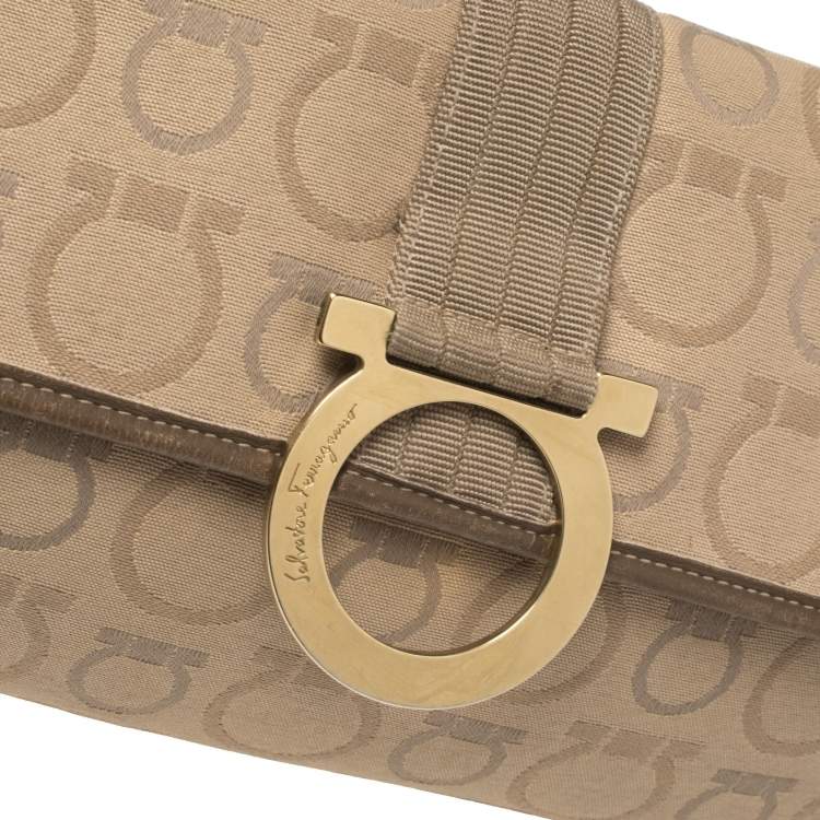 Pre Owned Salvatore Ferragamo Beige Gancini Canvas Shoudler Bag