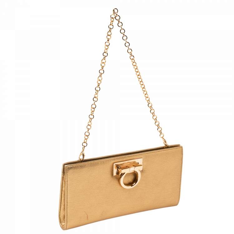 Pre Owned Salvatore Ferragamo Metallic Gold Leather Gancini Chain Clutch