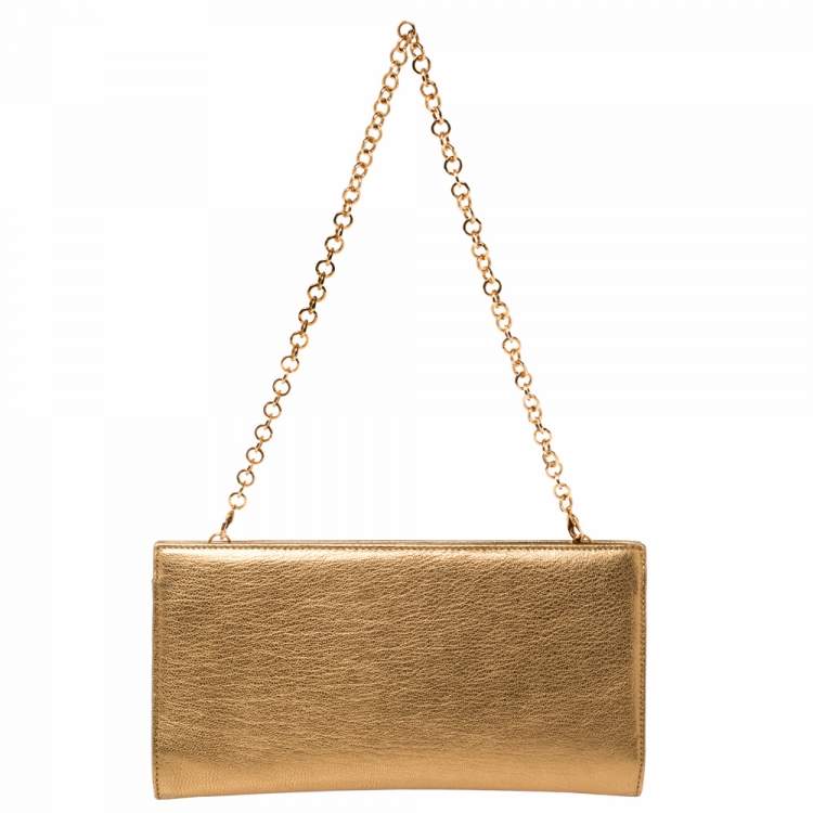 Pre Owned Salvatore Ferragamo Metallic Gold Leather Gancini Chain Clutch
