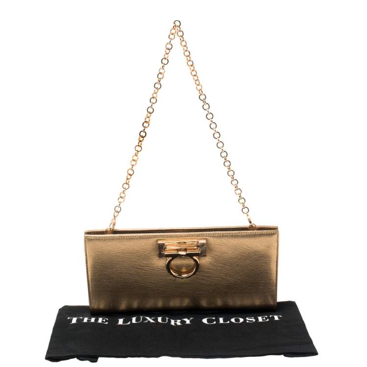 Pre Owned Salvatore Ferragamo Metallic Gold Leather Gancini Chain Clutch