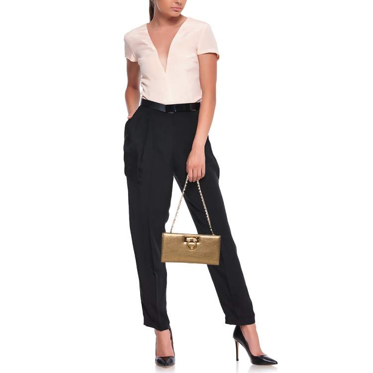Pre Owned Salvatore Ferragamo Metallic Gold Leather Gancini Chain Clutch