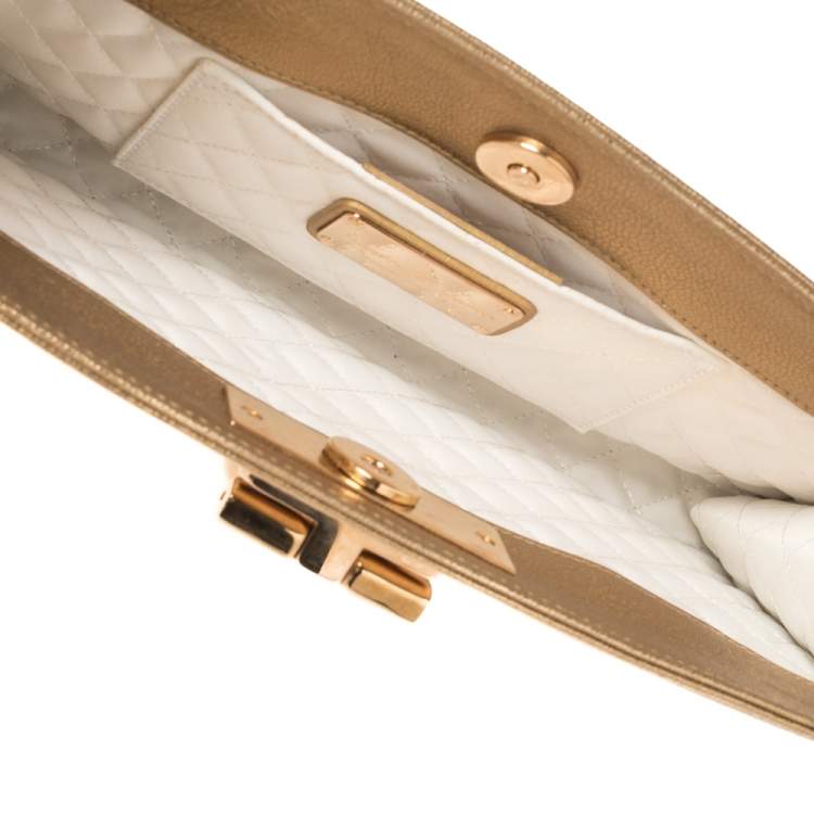 Pre Owned Salvatore Ferragamo Metallic Gold Leather Gancini Chain Clutch