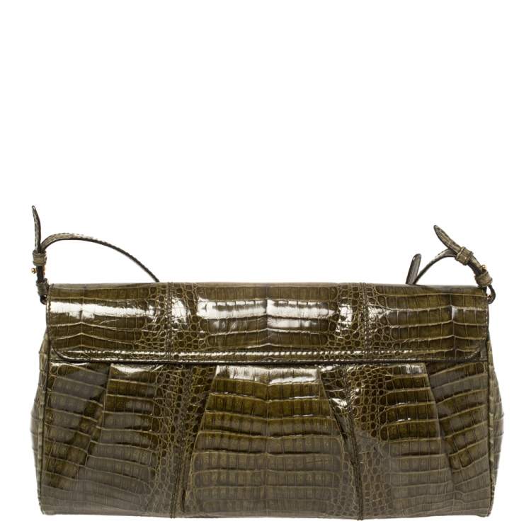 Pre Owned Salvatore Ferragamo Olive Green Crocodile Clutch