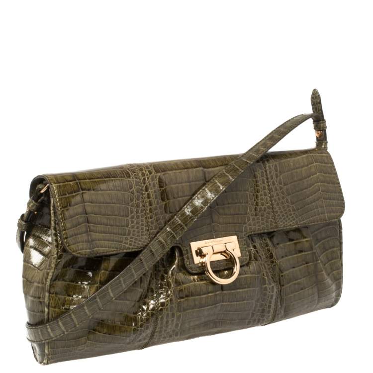 Pre Owned Salvatore Ferragamo Olive Green Crocodile Clutch