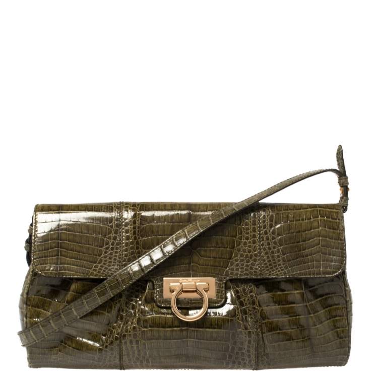 Salvatore Ferragamo Flap Green Alligator Handbag