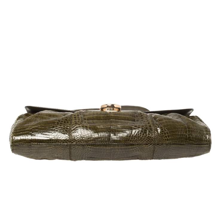 Pre Owned Salvatore Ferragamo Olive Green Crocodile Clutch