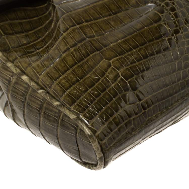 Pre Owned Salvatore Ferragamo Olive Green Crocodile Clutch