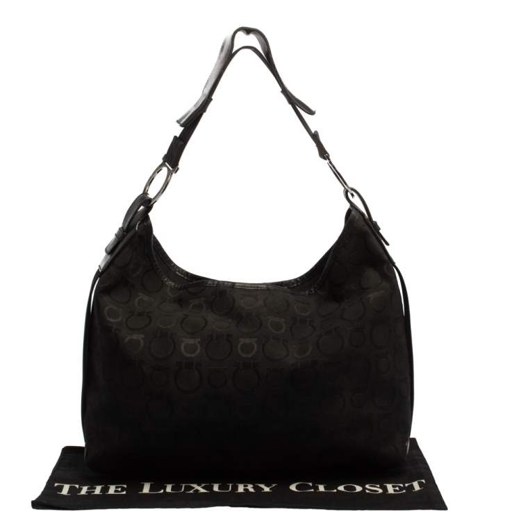 Pre Owned Salvatore Ferragamo Black Monogram Canvas and Leather Hobo
