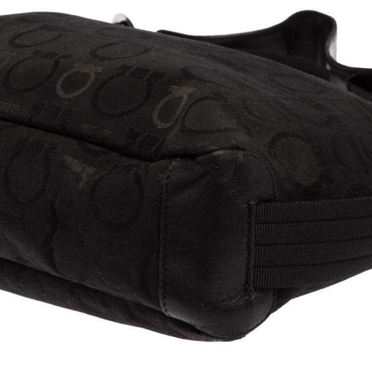 Pre Owned Salvatore Ferragamo Black Monogram Canvas and Leather Hobo