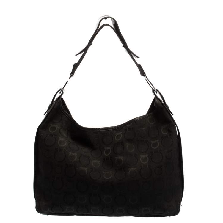 Pre Owned Salvatore Ferragamo Black Monogram Canvas and Leather Hobo