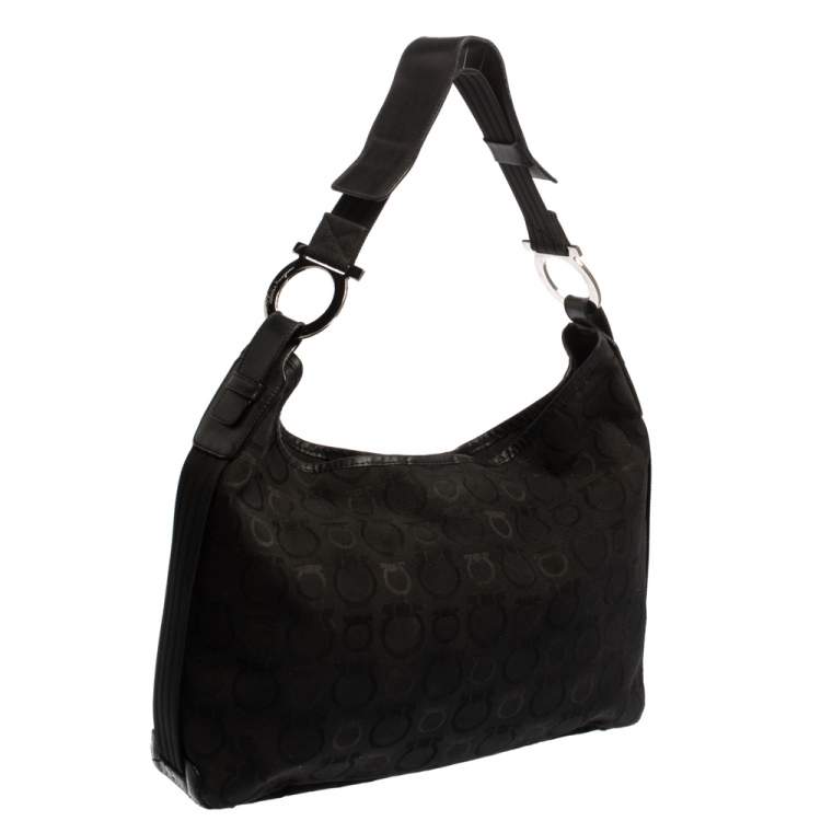 Pre Owned Salvatore Ferragamo Black Monogram Canvas and Leather Hobo