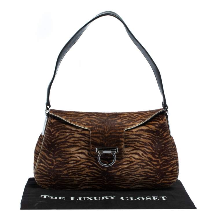Pre Owned Salvatore Ferragamo Brown Tiger Stripes Pony Hair Baguette