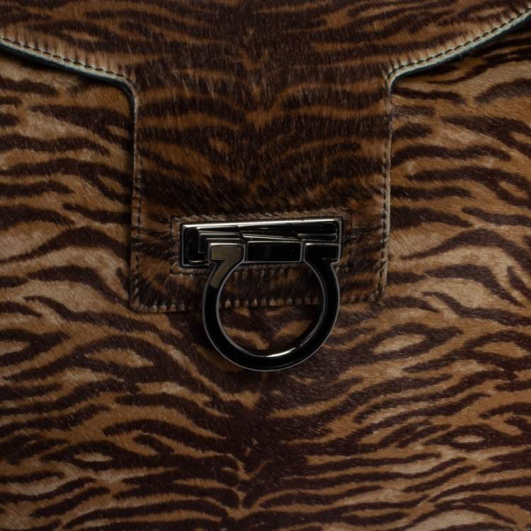 Pre Owned Salvatore Ferragamo Brown Tiger Stripes Pony Hair Baguette
