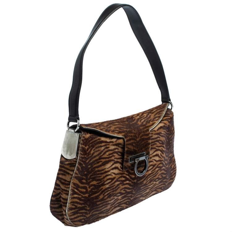 Pre Owned Salvatore Ferragamo Brown Tiger Stripes Pony Hair Baguette
