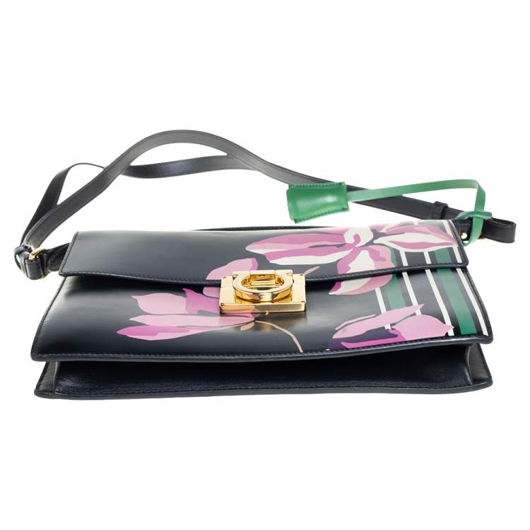 Pre Owned Salvatore Ferragamo Black Floral Print Leather Marisol Shoulder Bag