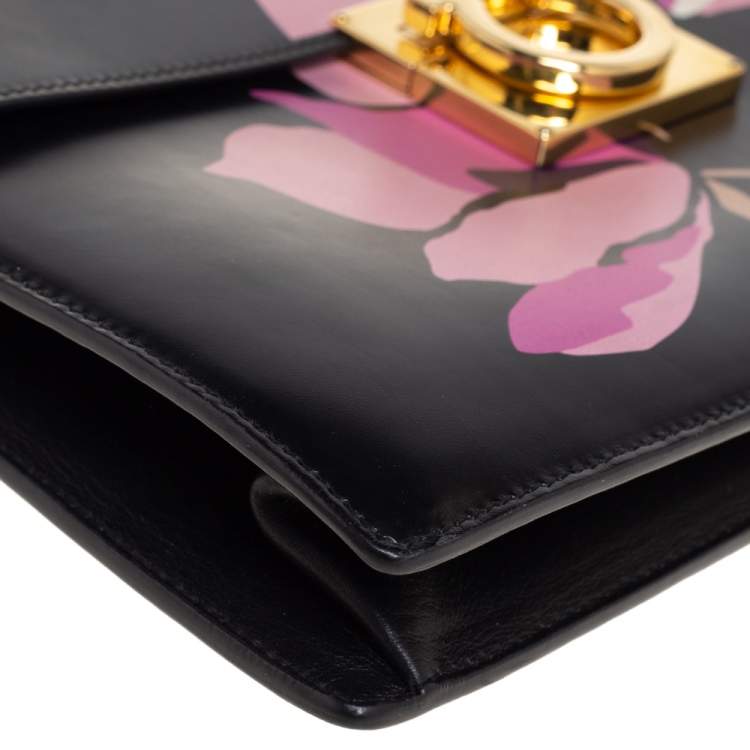 Pre Owned Salvatore Ferragamo Black Floral Print Leather Marisol Shoulder Bag