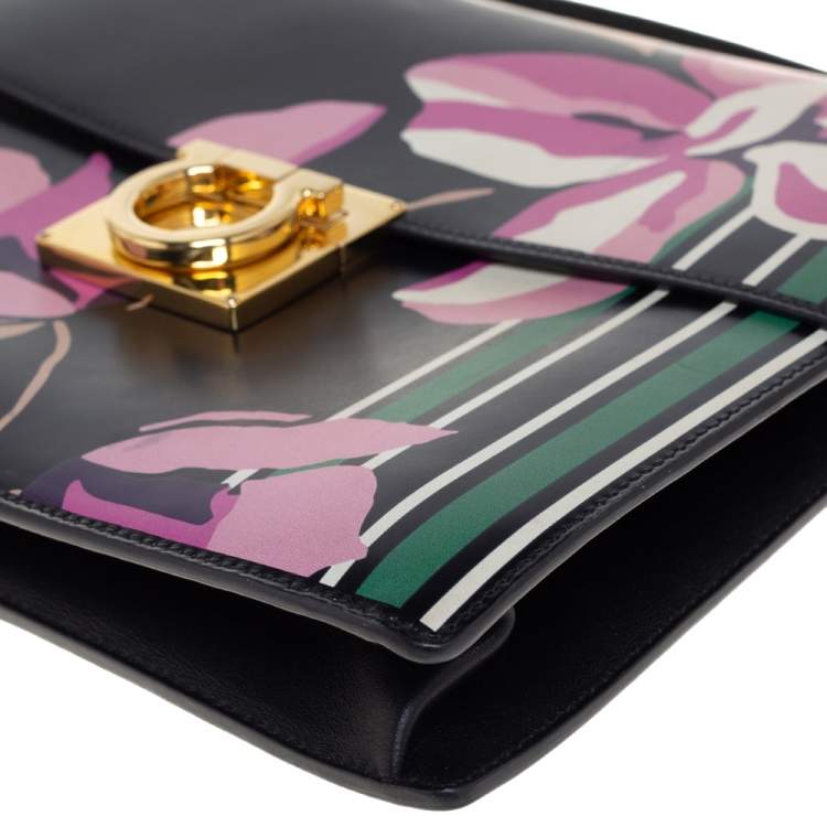 Pre Owned Salvatore Ferragamo Black Floral Print Leather Marisol Shoulder Bag