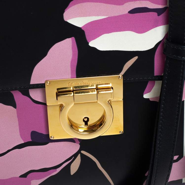 Pre Owned Salvatore Ferragamo Black Floral Print Leather Marisol Shoulder Bag
