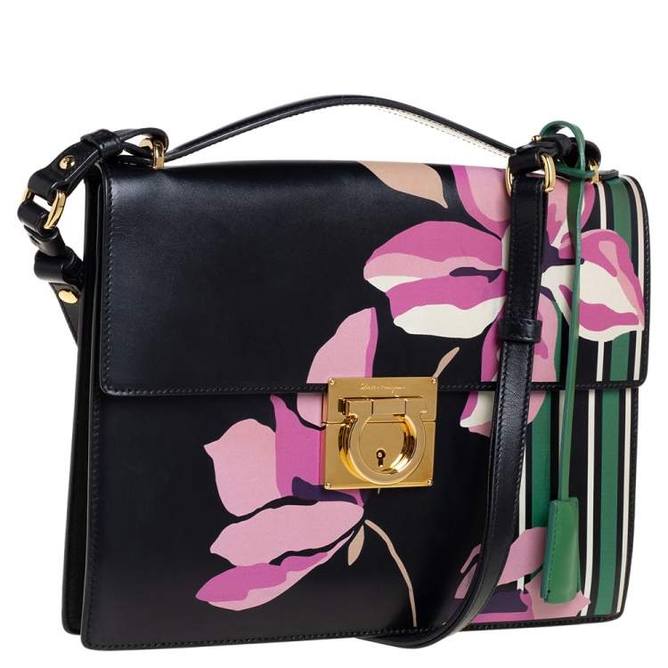 Pre Owned Salvatore Ferragamo Black Floral Print Leather Marisol Shoulder Bag