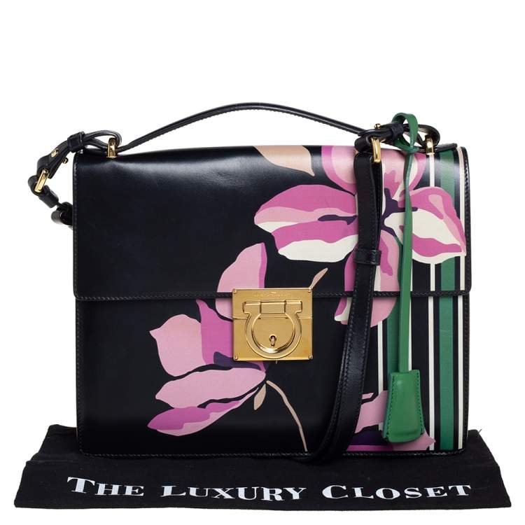 Pre Owned Salvatore Ferragamo Black Floral Print Leather Marisol Shoulder Bag
