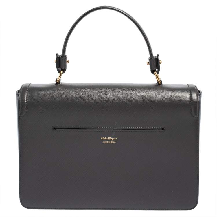 Pre Owned Salvatore Ferragamo Dark Grey Leather Gancini Top Handle Bag 