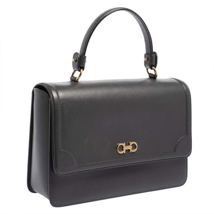 Pre Owned Salvatore Ferragamo Dark Grey Leather Gancini Top Handle Bag 