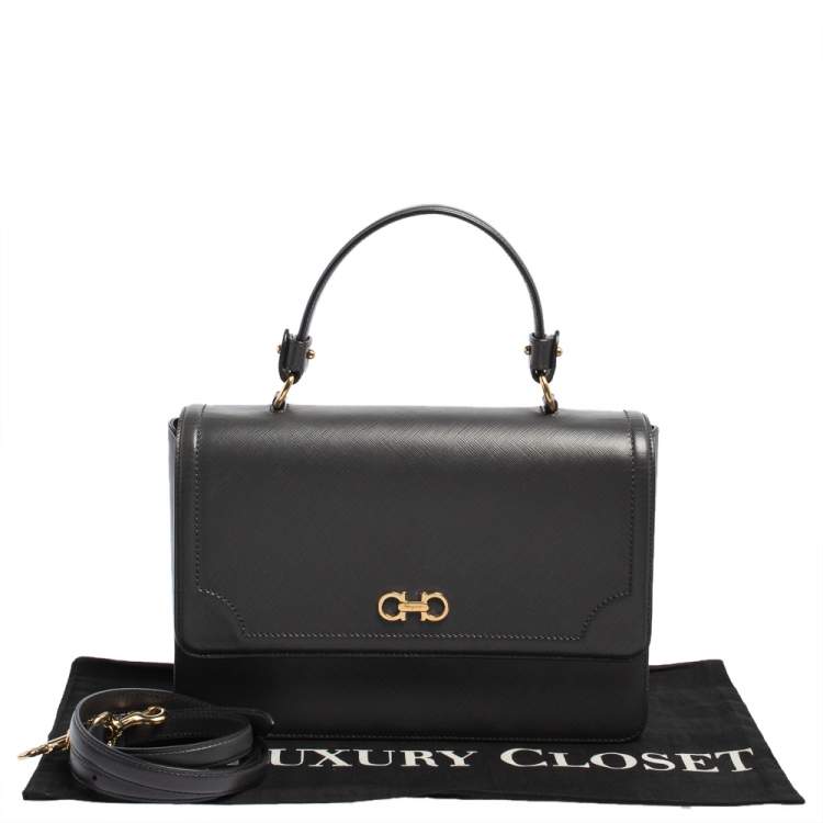 Pre Owned Salvatore Ferragamo Dark Grey Leather Gancini Top Handle Bag 