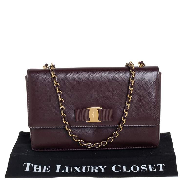 Pre Owned Salvatore Ferragamo Burgundy Saffiano Leather Ginny Shoulder Bag