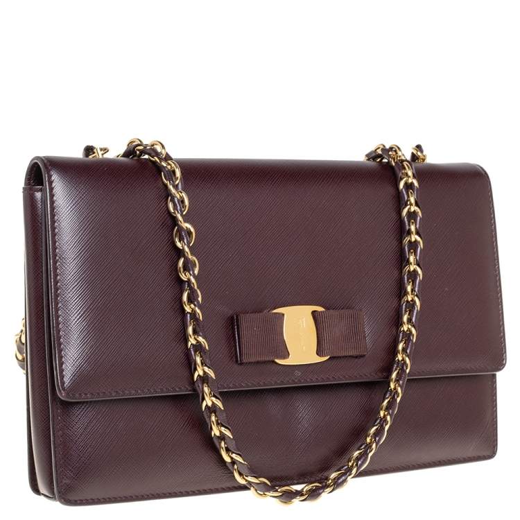 Pre Owned Salvatore Ferragamo Burgundy Saffiano Leather Ginny Shoulder Bag