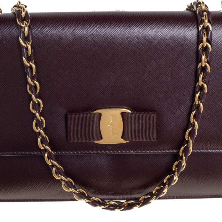 Pre Owned Salvatore Ferragamo Burgundy Saffiano Leather Ginny Shoulder Bag