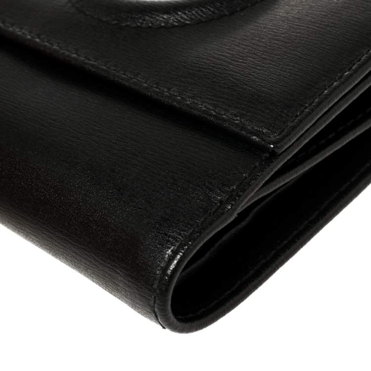 Pre Owned Salvatore Ferragamo Black Gancio Embossed Leather Flap Compact Wallet
